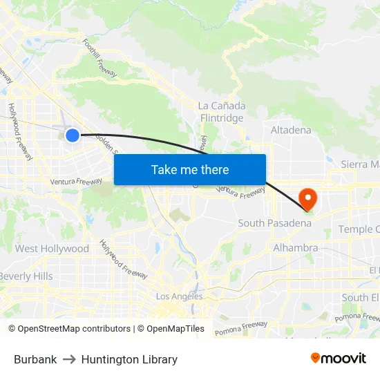 Burbank to Huntington Library map