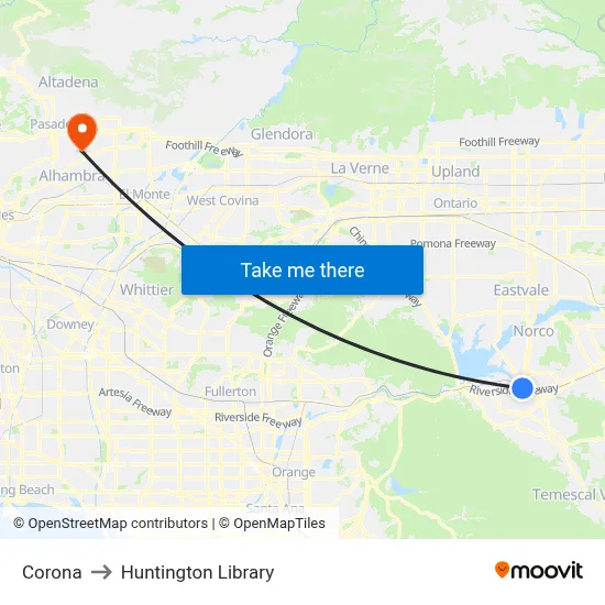 Corona to Huntington Library map
