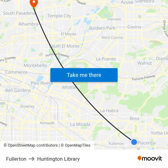 Fullerton to Huntington Library map
