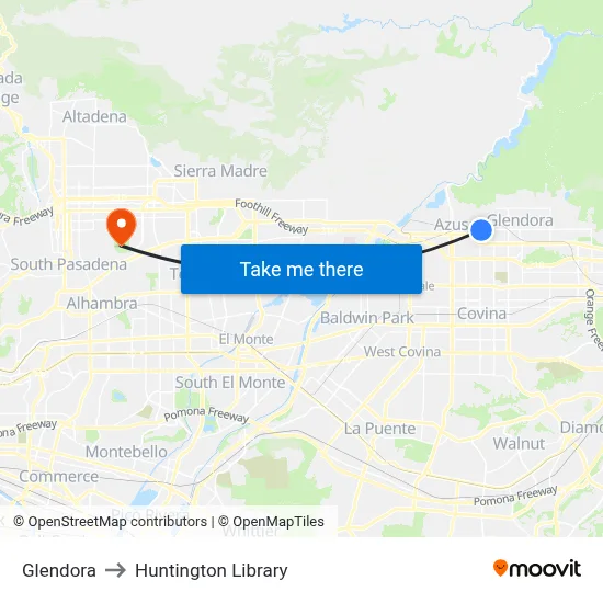 Glendora to Huntington Library map