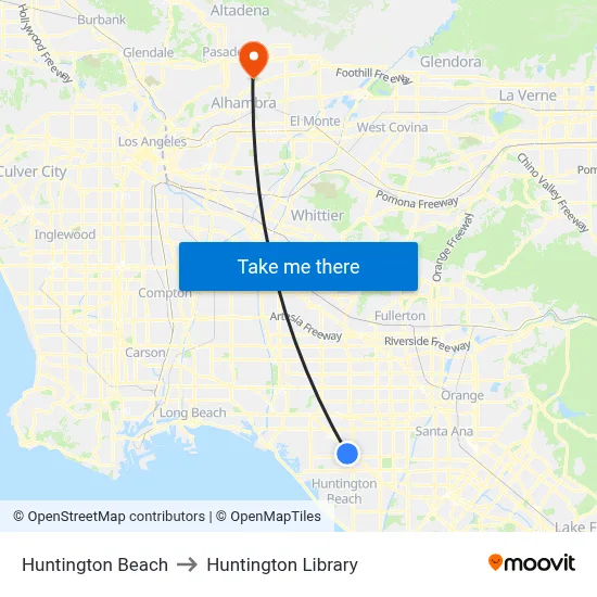Huntington Beach to Huntington Library map