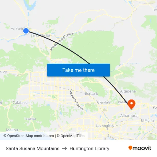 Santa Susana Mountains to Huntington Library map