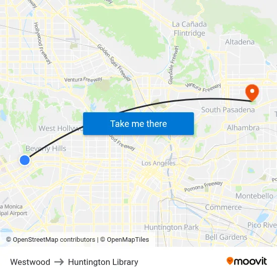 Westwood to Huntington Library map