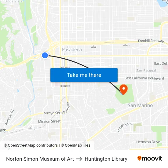 Norton Simon Museum of Art to Huntington Library map