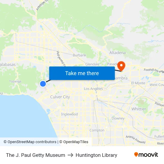 The J. Paul Getty Museum to Huntington Library map
