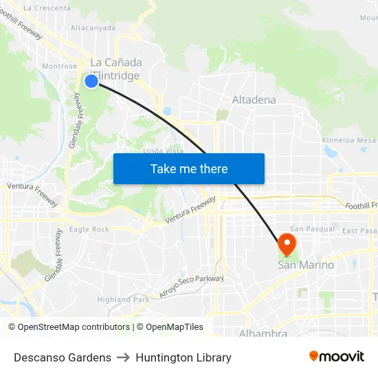 Descanso Gardens to Huntington Library map