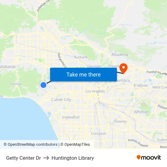 Getty Center Dr to Huntington Library map
