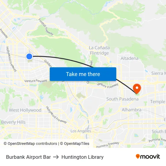 Burbank Airport Bar to Huntington Library map