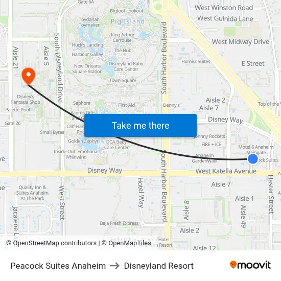 Peacock Suites Anaheim to Disneyland Resort map