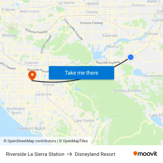 Riverside La Sierra Station to Disneyland Resort map