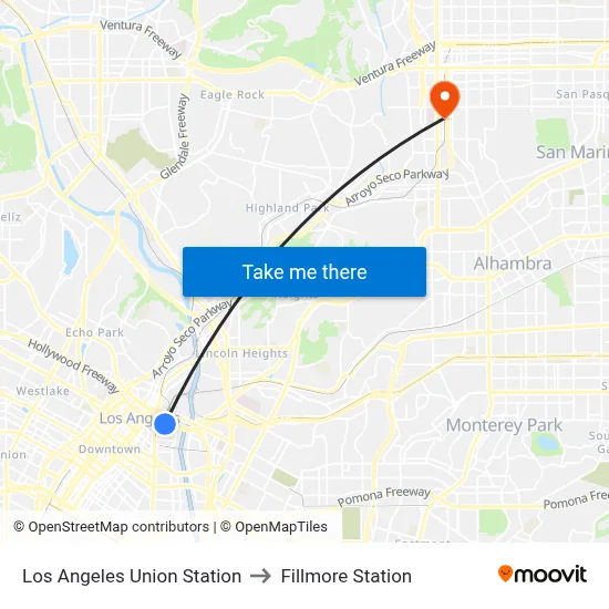 Los Angeles Union Station to Fillmore Station map