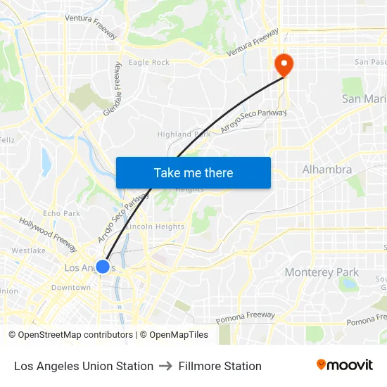 Los Angeles Union Station to Fillmore Station map