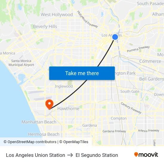 Los Angeles Union Station to El Segundo Station map