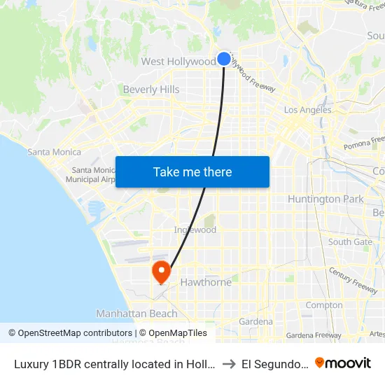 Luxury 1BDR centrally located in Hollywood, Los Angeles to El Segundo Station map
