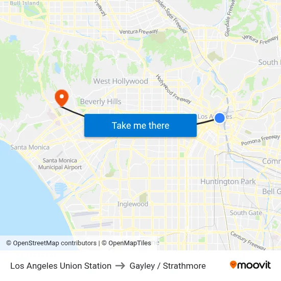 Los Angeles Union Station to Gayley / Strathmore map