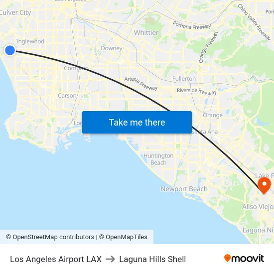 Los Angeles Airport LAX to Laguna Hills Shell map