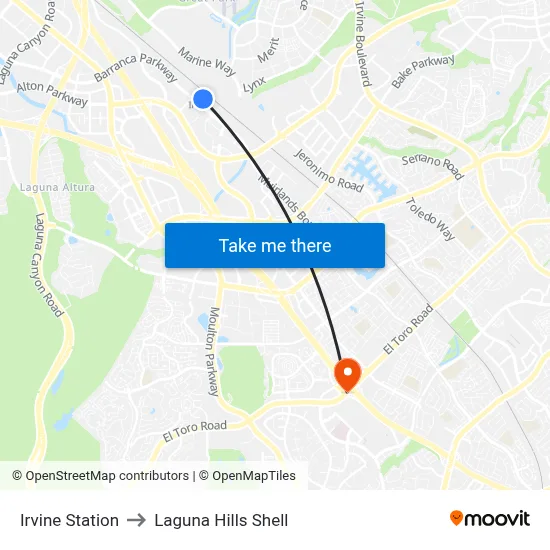 Irvine Station to Laguna Hills Shell map