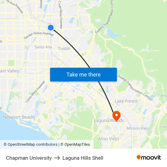 Chapman University to Laguna Hills Shell map