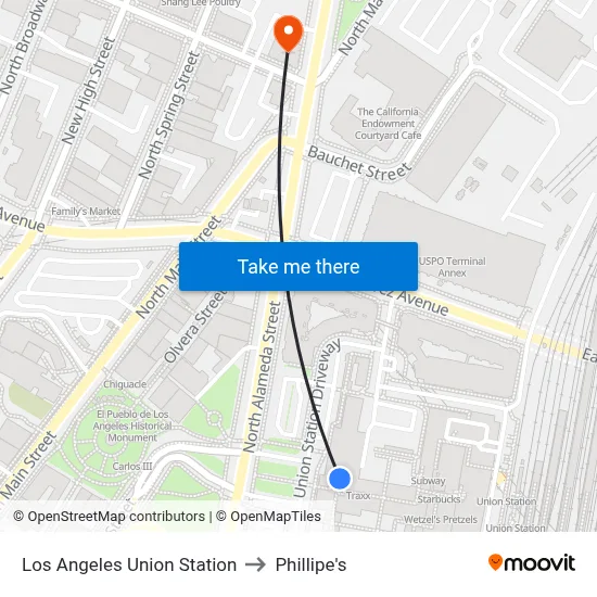 Los Angeles Union Station to Phillipe's map
