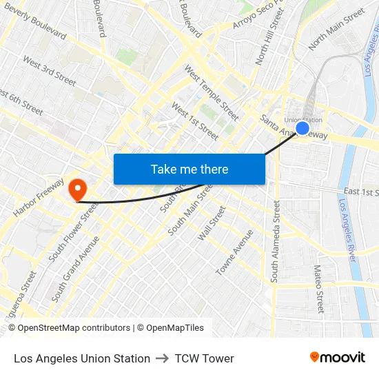 Los Angeles Union Station to TCW Tower map