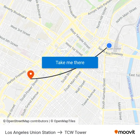 Los Angeles Union Station to TCW Tower map