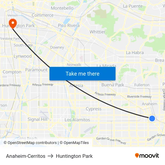 Anaheim-Cerritos to Huntington Park map