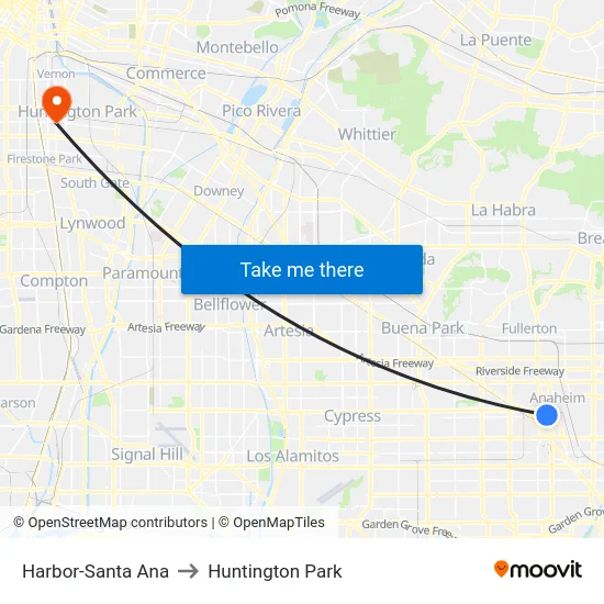 Harbor-Santa Ana to Huntington Park map