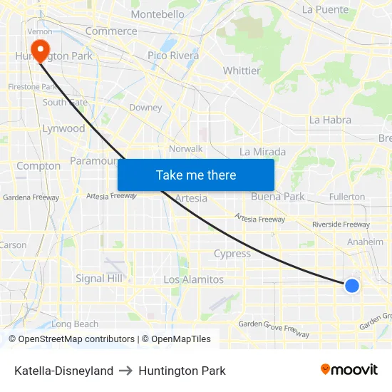Katella-Disneyland to Huntington Park map