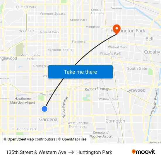 135th Street & Western Ave to Huntington Park map
