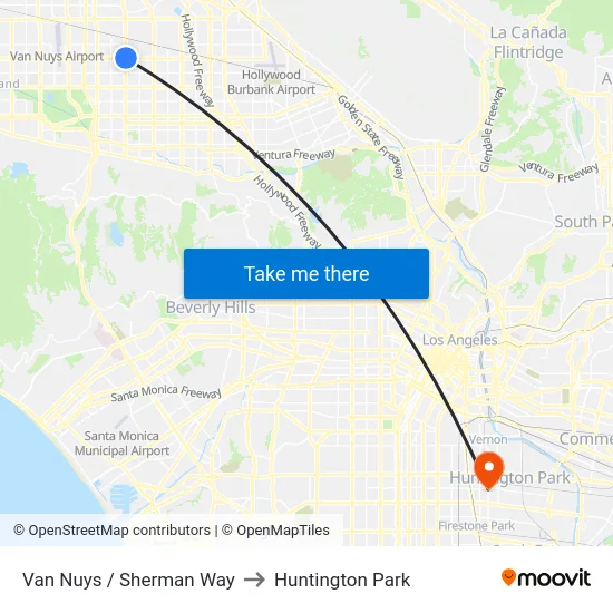Van Nuys / Sherman Way to Huntington Park map