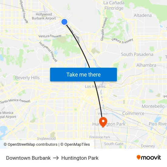 Downtown Burbank to Huntington Park map