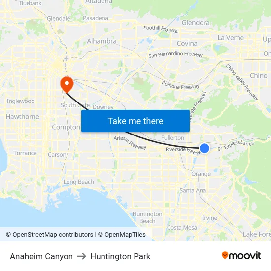 Anaheim Canyon to Huntington Park map