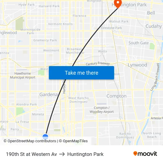190th St at Western Av to Huntington Park map
