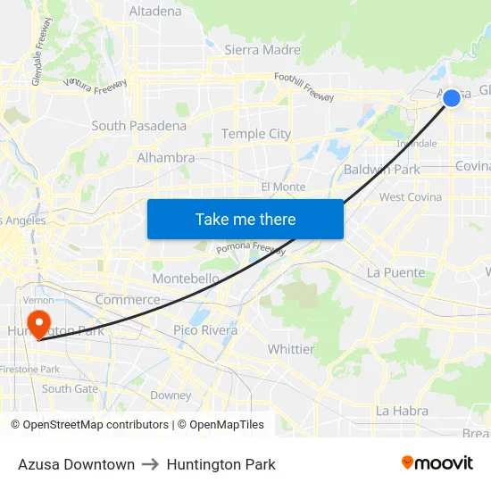 Azusa Downtown to Huntington Park map