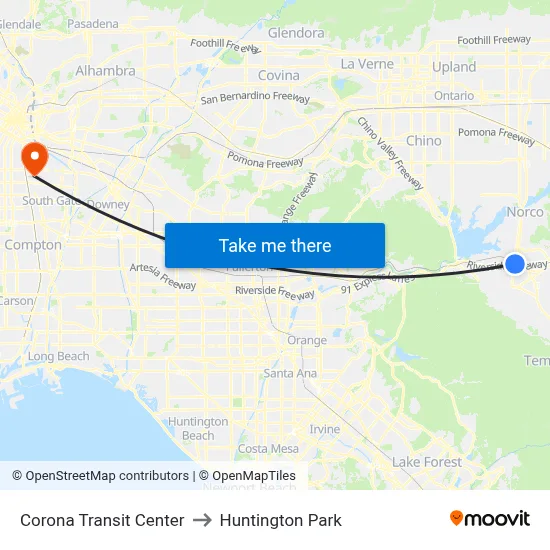 Corona Transit Center to Huntington Park map