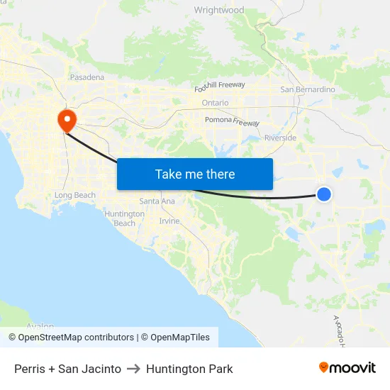 Perris + San Jacinto to Huntington Park map