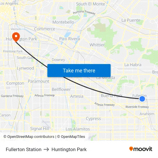 Fullerton Station to Huntington Park map