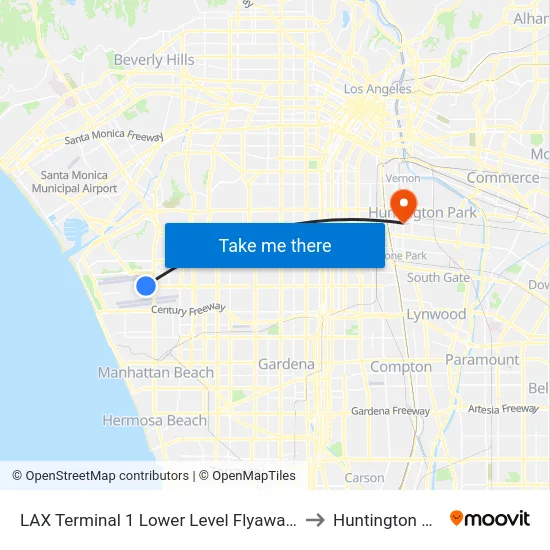 LAX Terminal 1 Lower Level Flyaway Stop to Huntington Park map