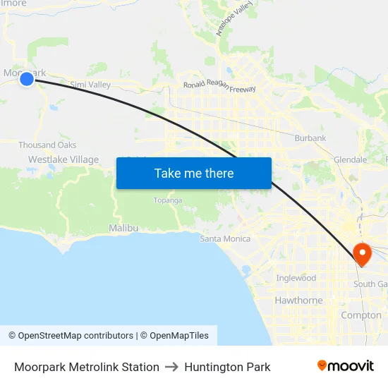 Moorpark Metrolink Station to Huntington Park map
