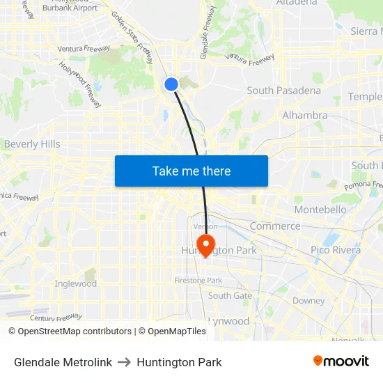 Glendale Metrolink to Huntington Park map
