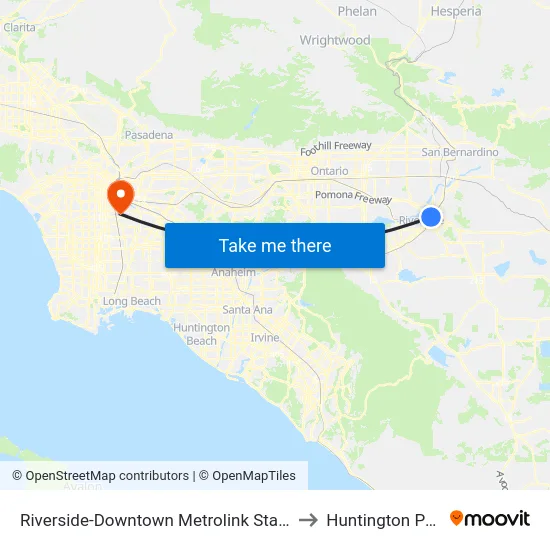 Riverside-Downtown Metrolink Station to Huntington Park map