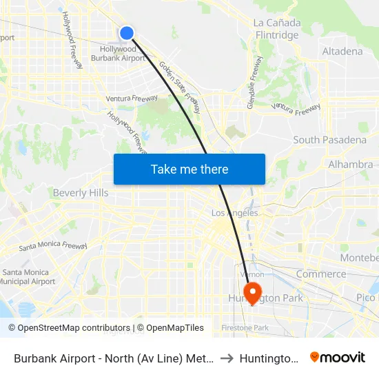 Burbank Airport - North (Av Line) Metrolink Station to Huntington Park map
