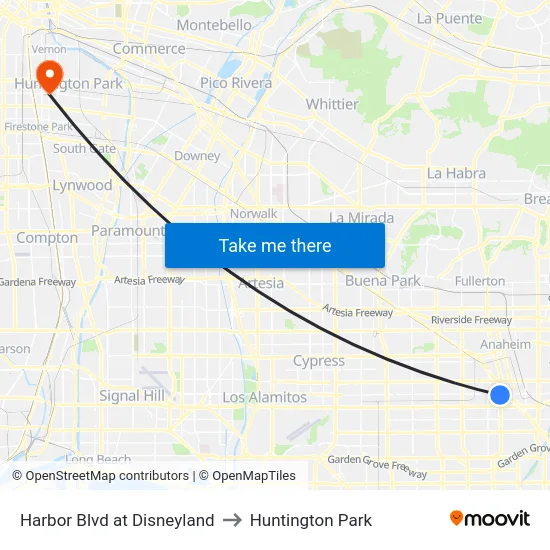 Harbor Blvd at Disneyland to Huntington Park map
