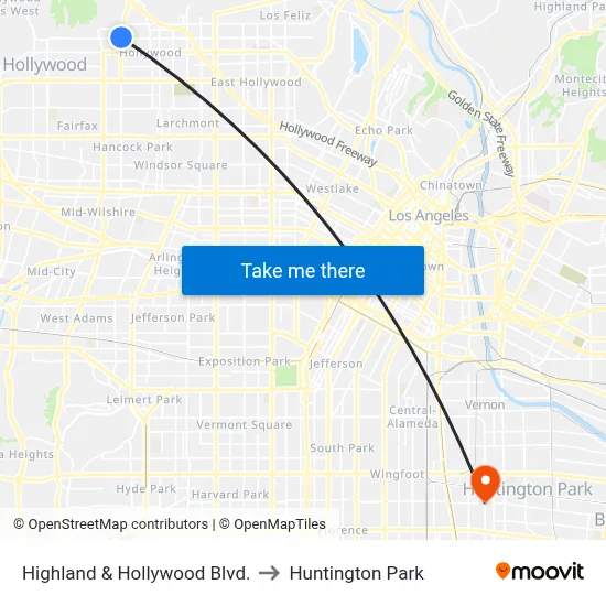 Highland & Hollywood Blvd. to Huntington Park map