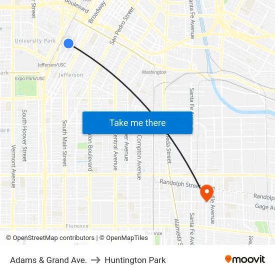 Adams & Grand Ave. to Huntington Park map