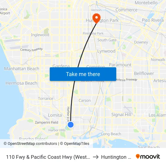 110 Fwy & Pacific Coast Hwy (Westbound) to Huntington Park map