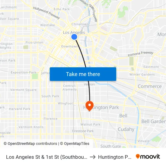 Los Angeles St & 1st St (Southbound) to Huntington Park map
