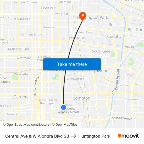 Central Ave & W Alondra Blvd SB to Huntington Park map