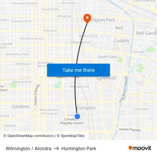 Wilmington / Alondra to Huntington Park map