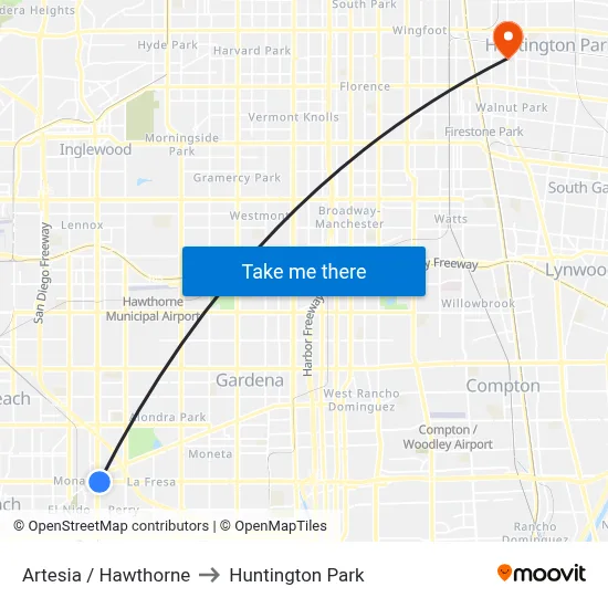 Artesia / Hawthorne to Huntington Park map